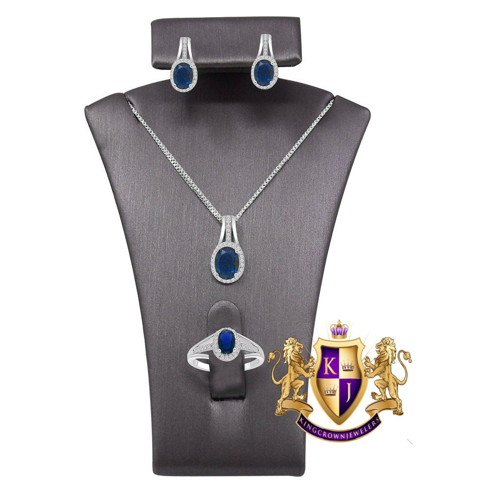 Sapphire Blue Real Sterling Silver 10K White Gold Over Pendent Charm Chain Neckless Earrings Ring 3 Piece Combo Set