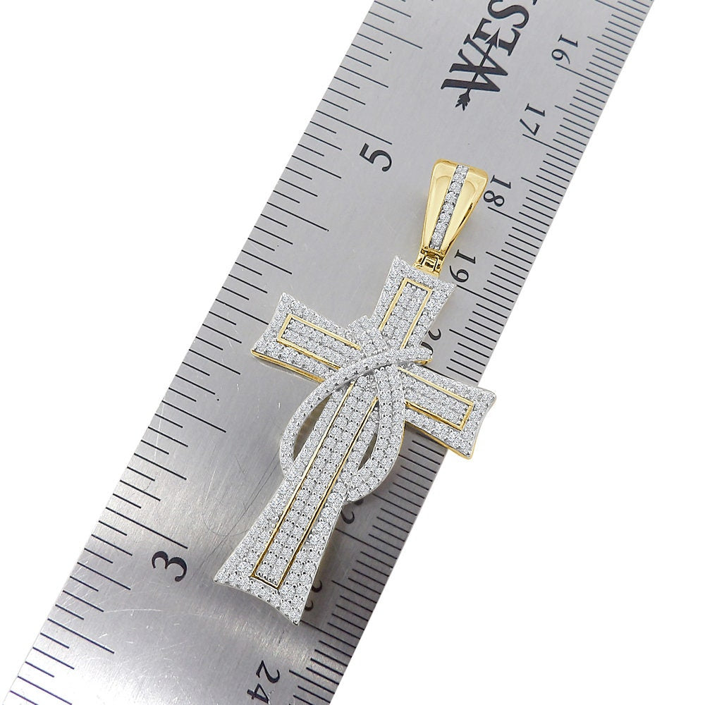 Unisex Real Italian Sterling Silver Simulate Diamond 10K Gold Over Jesus Christ Cross Piece Charm Religious Pendent 2''