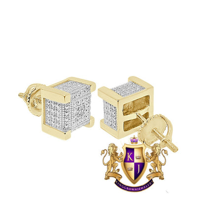 Real Genuine Diamonds 10K Gold Over Bling Square Cube Custom Screw Back Earrings Stud Small 6mm