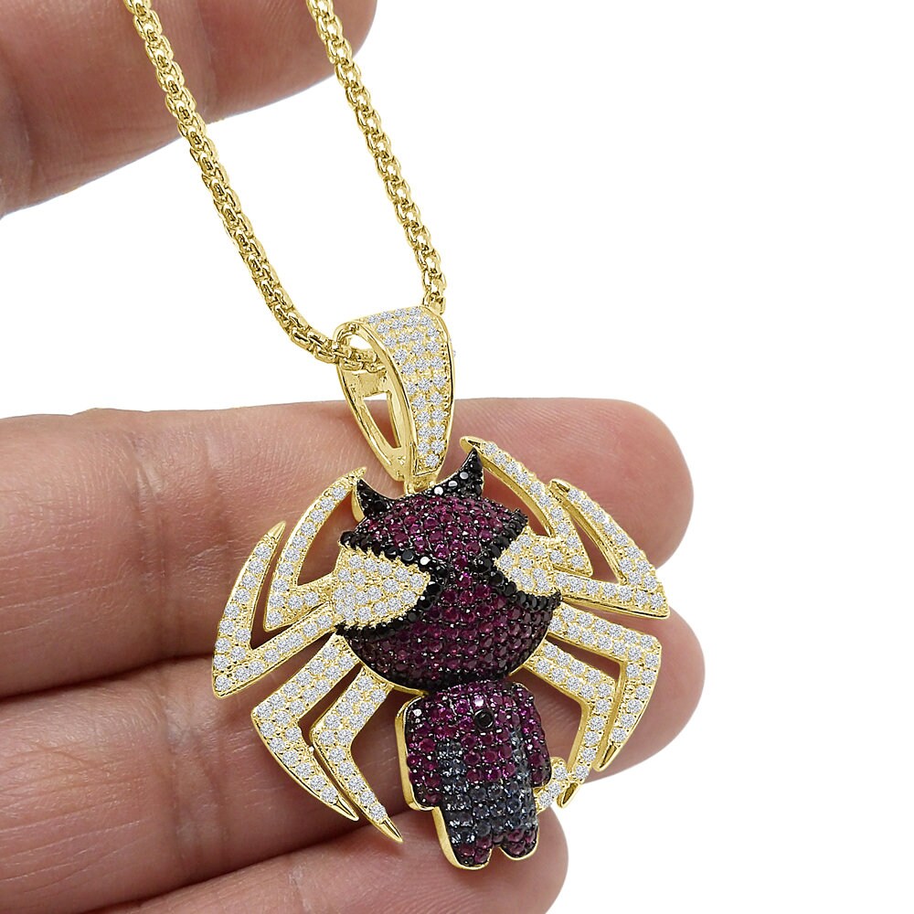 Men's Custom Designer Pendent Charm Set Genuine Authentic Sterling Silver Simulated Diamond Spider Web 1.75''