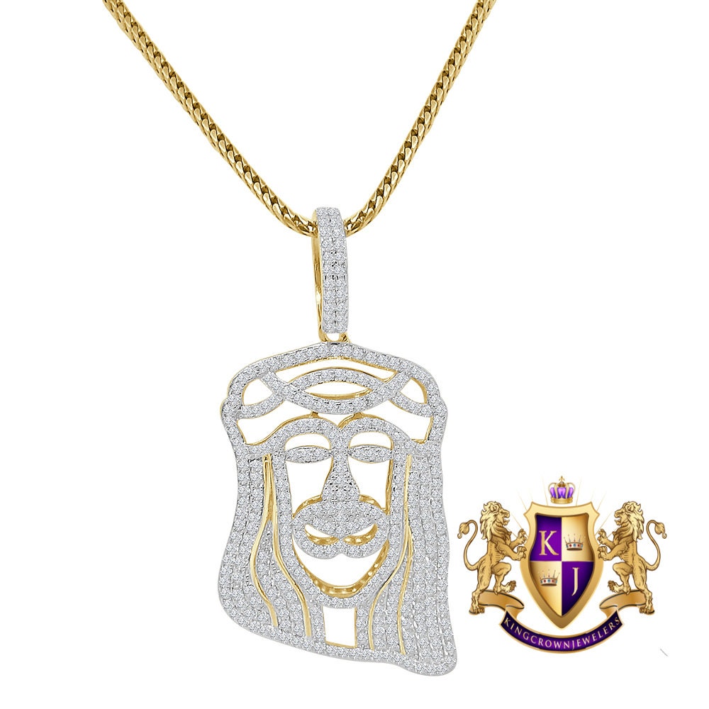 Unisex Real Genuine Sterling Silver Simulate Diamond 10K Gold Over Jesus Christ Face Piece Charm Religious Pendent 1.75''
