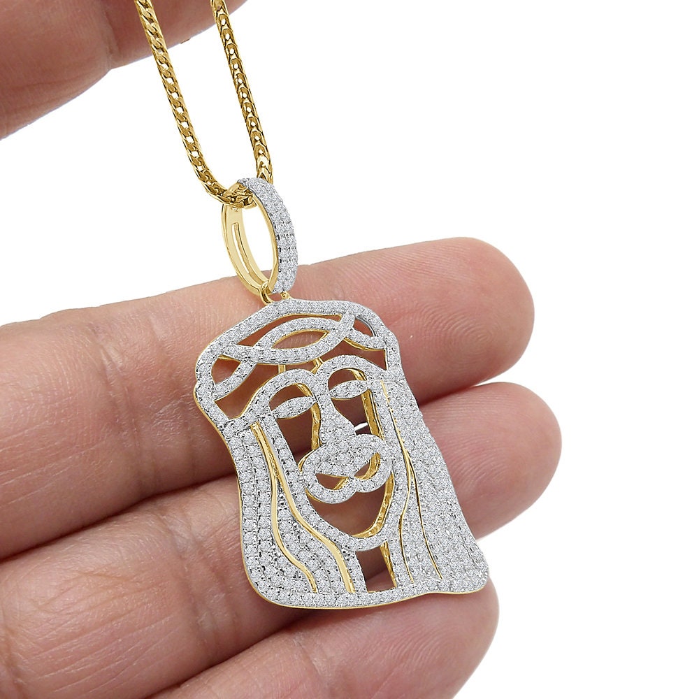 Unisex Real Genuine Sterling Silver Simulate Diamond 10K Gold Over Jesus Christ Face Piece Charm Religious Pendent 1.75''