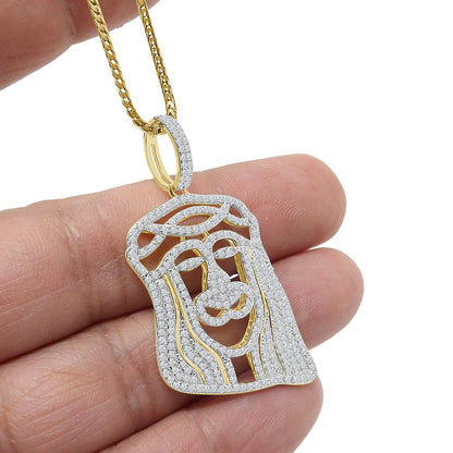 Unisex Real Genuine Sterling Silver Simulate Diamond 10K Gold Over Jesus Christ Face Piece Charm Religious Pendent 1.75''