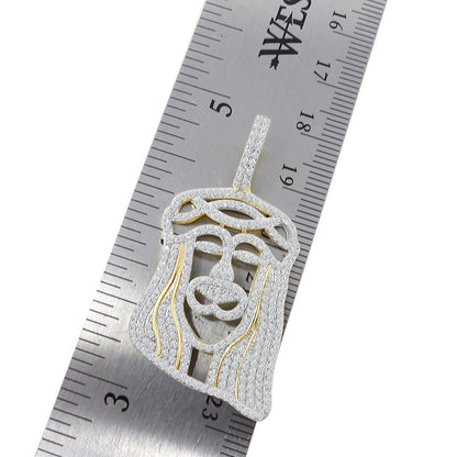 Unisex Real Genuine Sterling Silver Simulate Diamond 10K Gold Over Jesus Christ Face Piece Charm Religious Pendent 1.75''
