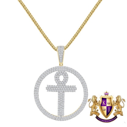 Real Genuine Sterling Silver 2.00 Cwt. Simulate Diamond 10K Gold On Egyptian Ankh Cross Unisex Medallion Charm Pendant Chain Neckless 1.75''
