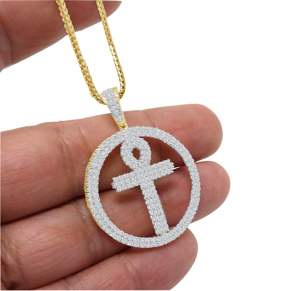 Real Genuine Sterling Silver 2.00 Cwt. Simulate Diamond 10K Gold On Egyptian Ankh Cross Unisex Medallion Charm Pendant Chain Neckless 1.75''