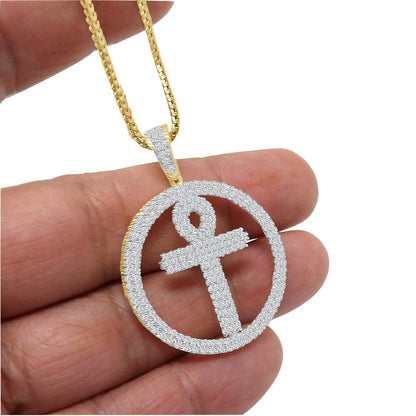 Real Genuine Sterling Silver 2.00 Cwt. Simulate Diamond 10K Gold On Egyptian Ankh Cross Unisex Medallion Charm Pendant Chain Neckless 1.75''