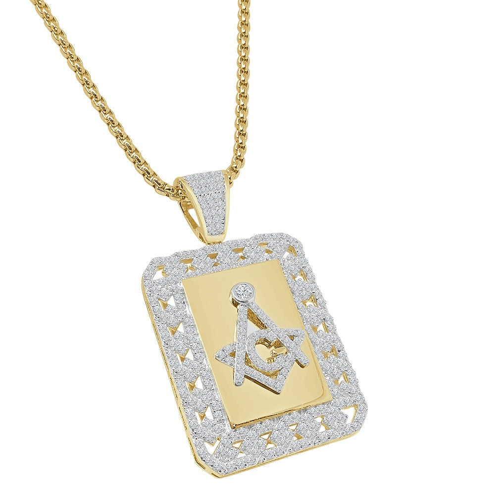 Men's Real Genuine Sterling Silver G Compass Masonic Freemason 14K Gold Over Simulated Diamond Frame Pendent Charm