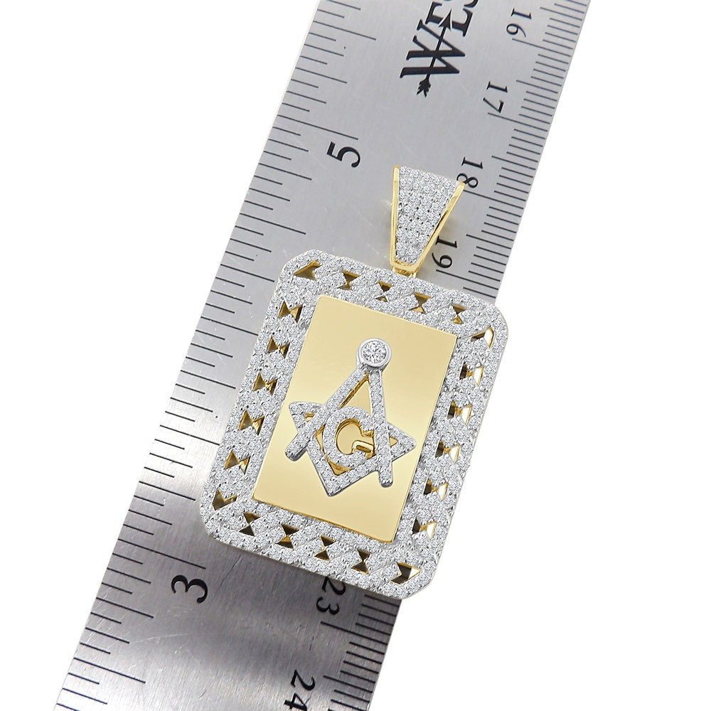 Men's Real Genuine Sterling Silver G Compass Masonic Freemason 14K Gold Over Simulated Diamond Frame Pendent Charm