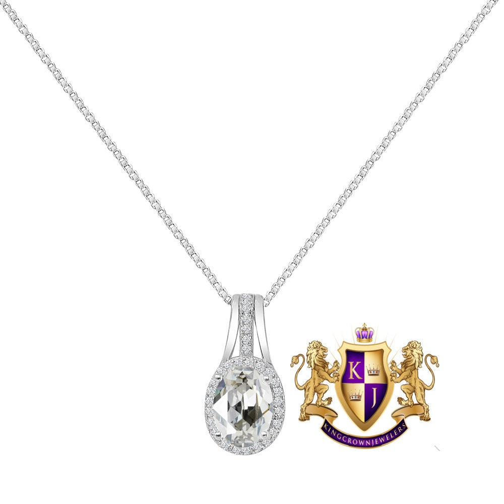 Crystal Clear Zirconia Real Sterling Silver 10K White Gold Over Pendent Charm Chain Neckless Earrings Ring 3 Piece Combo Set