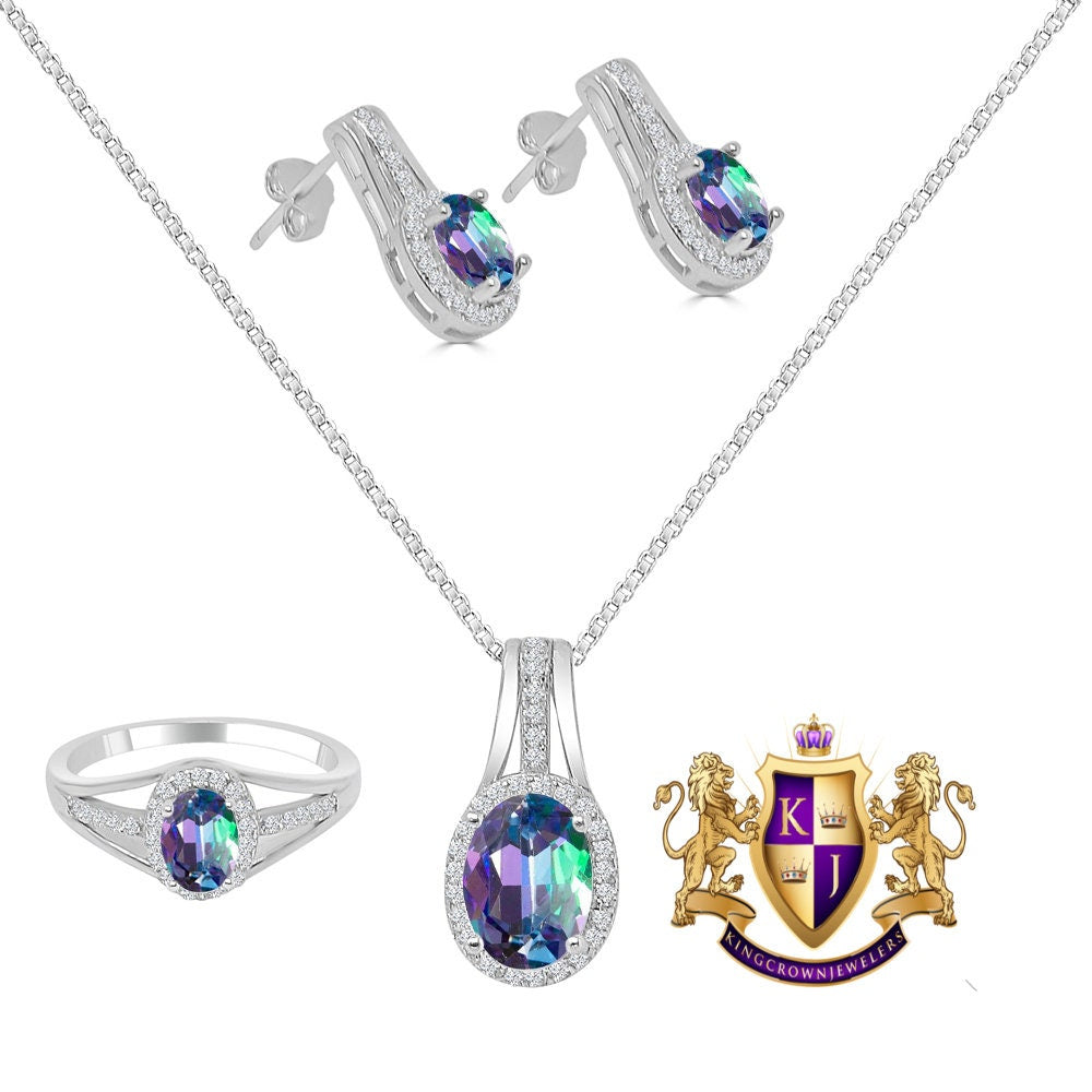 Multi Tone Real Sterling Silver 10K White Gold Over Pendent Charm Chain Neckless Earrings Ring 3 Piece Combo Set