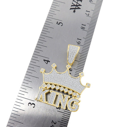 Men's Sterling Silver Simulated Diamond King Crown Charm Custom Mini 1.35'' Pendent + Free Chain