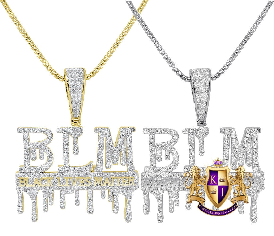 Men's 14K Gold On Real Sterling Silver Black Lives Matter Dripping Simulated Diamond Pendant Charm Chain Set