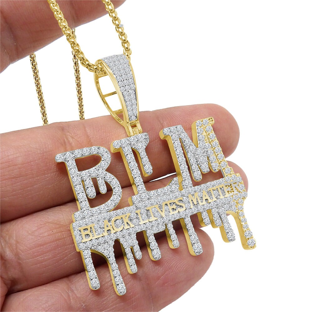 Men's 14K Gold On Real Sterling Silver Black Lives Matter Dripping Simulated Diamond Pendant Charm Chain Set