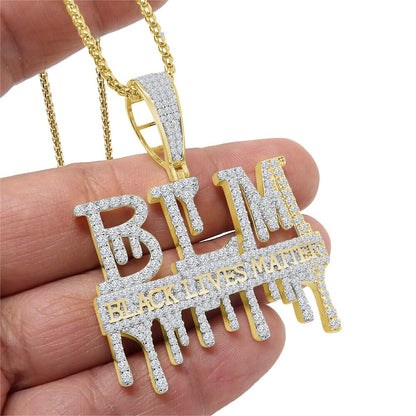 Men's 14K Gold On Real Sterling Silver Black Lives Matter Dripping Simulated Diamond Pendant Charm Chain Set