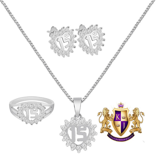 Real Genuine Sterling Silver 10K White Gold Over Sweet 15 Anos Quinceanera Heart Pendent Charm Chain Neckless Earrings Ring Combo Set