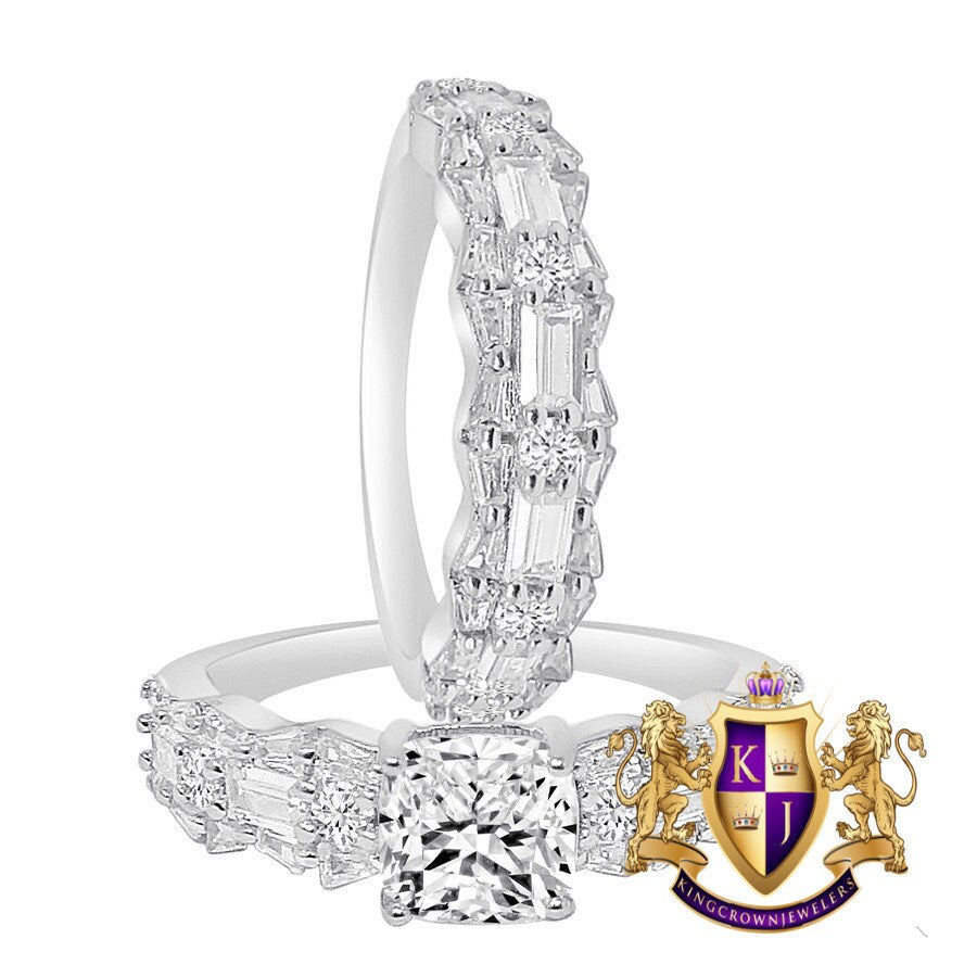 Real Sterling Silver 14K Gold Over Baguette Simulated Diamond 2 Piece Ladies Women's Wedding Engagement Bridal Rings Band Set