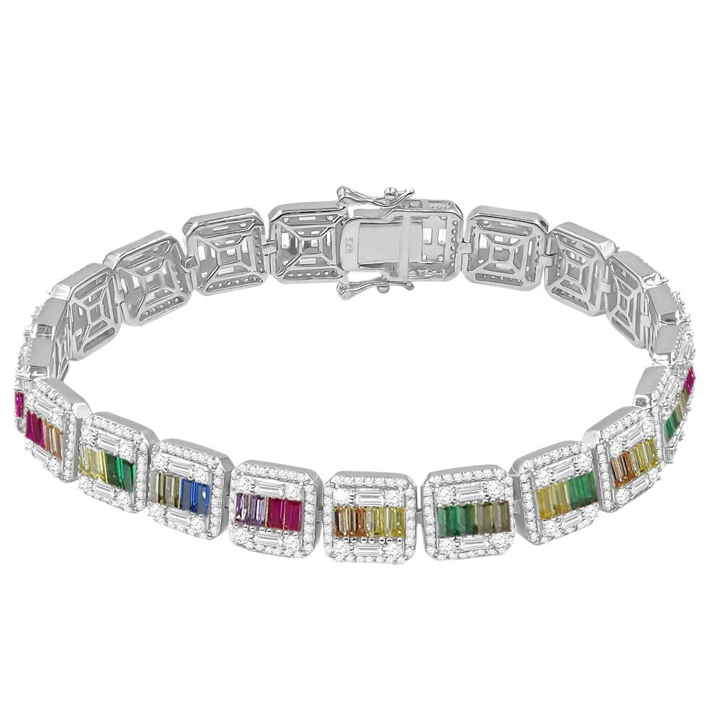 Rainbow Multi Tone Baguette Real Genuine White Gold Sterling Silver Simulated Diamond Tennis Link Bracelet 8.5'' Unisex 35+Grams