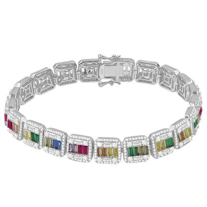Rainbow Multi Tone Baguette Real Genuine White Gold Sterling Silver Simulated Diamond Tennis Link Bracelet 8.5'' Unisex 35+Grams