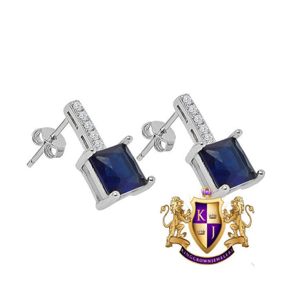 Real Sterling Silver Solitaire Sapphire Blue 10K White Gold Over Pendent Charm Chain Neckless Earrings Ring 3 Piece Combo Set
