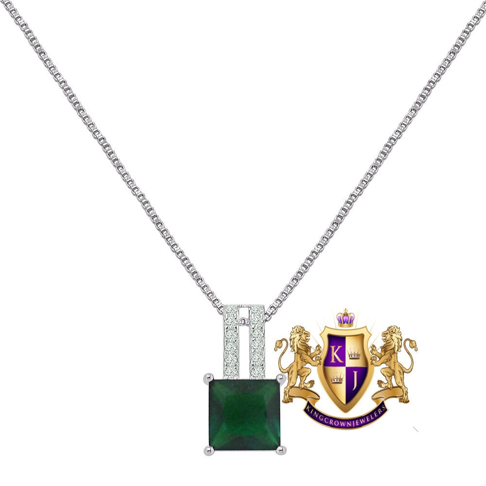 Real Sterling Silver Solitaire Emerald Green 10K White Gold Over Pendent Charm Chain Neckless Earrings Ring 3 Piece Combo Set