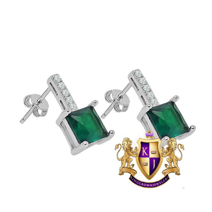 Real Sterling Silver Solitaire Emerald Green 10K White Gold Over Pendent Charm Chain Neckless Earrings Ring 3 Piece Combo Set