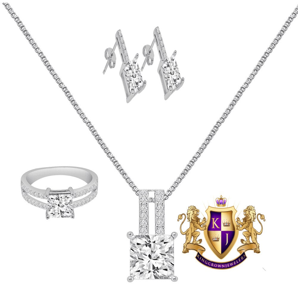Real Sterling Silver Solitaire Crystal Clear Zirconia 10K White Gold Over Pendent Charm Chain Neckless Earrings Ring 3 Piece Combo Set