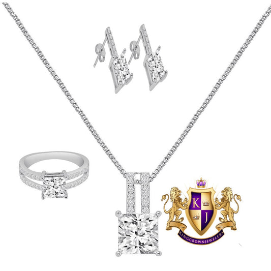 Real Sterling Silver Solitaire Crystal Clear Zirconia 10K White Gold Over Pendent Charm Chain Neckless Earrings Ring 3 Piece Combo Set