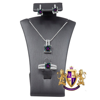 Real Sterling Silver Solitaire Rainbow Tone Zirconia 10K White Gold Over Pendent Charm Chain Neckless Earrings Ring 3 Piece Combo Set