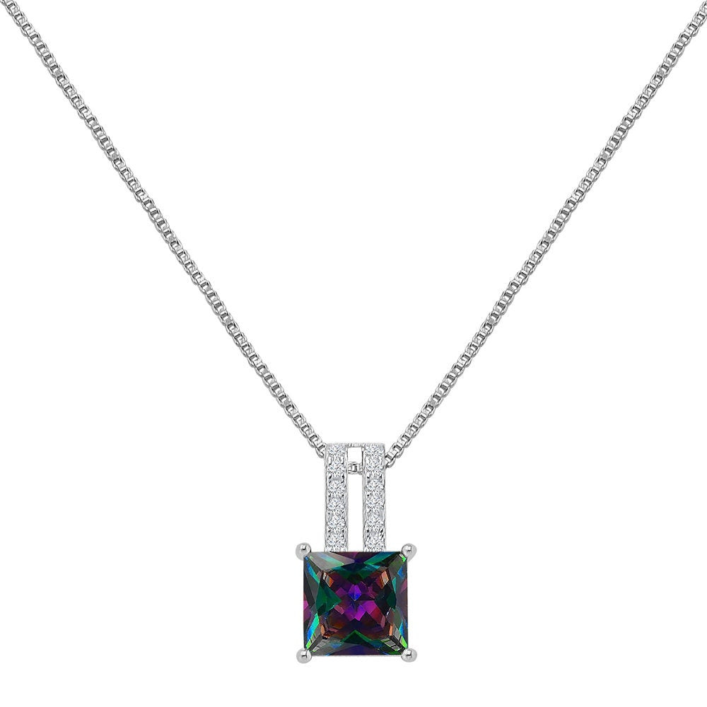 Real Sterling Silver Solitaire Rainbow Tone Zirconia 10K White Gold Over Pendent Charm Chain Neckless Earrings Ring 3 Piece Combo Set