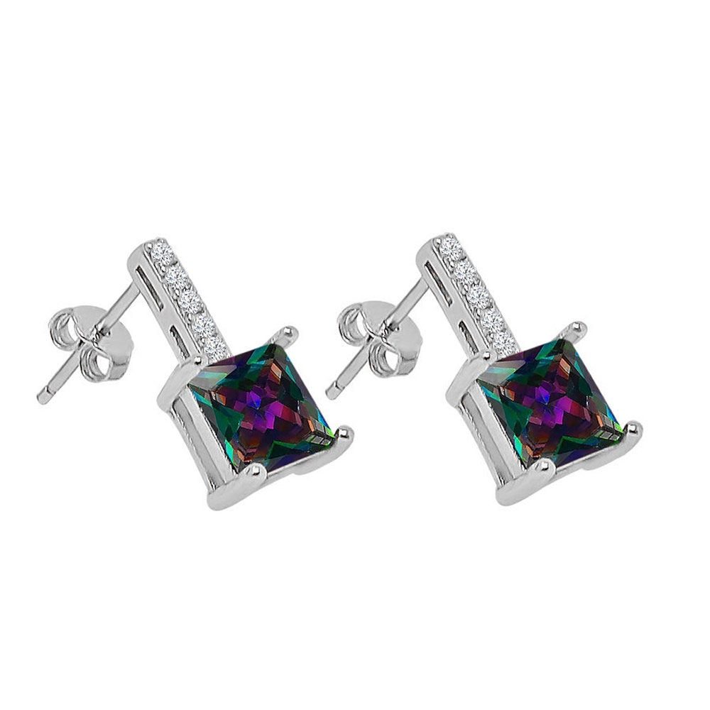Real Sterling Silver Solitaire Rainbow Tone Zirconia 10K White Gold Over Pendent Charm Chain Neckless Earrings Ring 3 Piece Combo Set