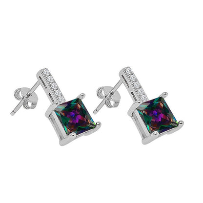 Real Sterling Silver Solitaire Rainbow Tone Zirconia 10K White Gold Over Pendent Charm Chain Neckless Earrings Ring 3 Piece Combo Set