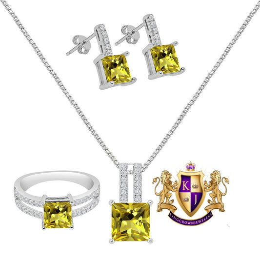 Real Sterling Silver Solitaire Citrine Yellow Zirconia 10K White Gold Over Pendent Charm Chain Neckless Earrings Ring 3 Piece Combo Set