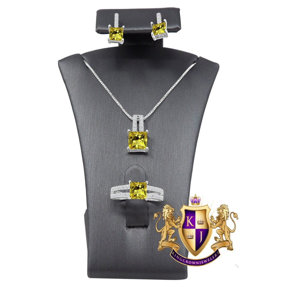 Real Sterling Silver Solitaire Citrine Yellow Zirconia 10K White Gold Over Pendent Charm Chain Neckless Earrings Ring 3 Piece Combo Set