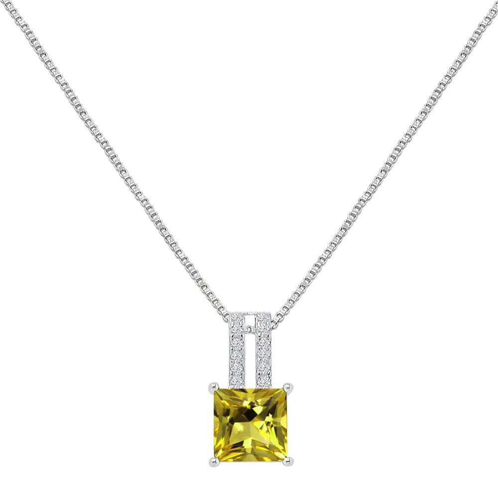 Real Sterling Silver Solitaire Citrine Yellow Zirconia 10K White Gold Over Pendent Charm Chain Neckless Earrings Ring 3 Piece Combo Set