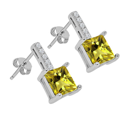 Real Sterling Silver Solitaire Citrine Yellow Zirconia 10K White Gold Over Pendent Charm Chain Neckless Earrings Ring 3 Piece Combo Set