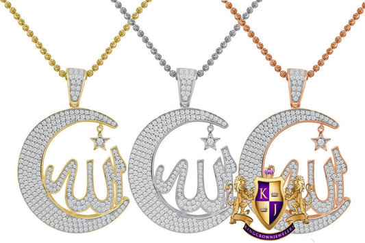 Real Sterling Silver Allah God Muslim Islamic Arabic Crescent Moon and Star Charm 2.00 Cwt. Simulated Diamond 14K Gold On Pendant Chain Set