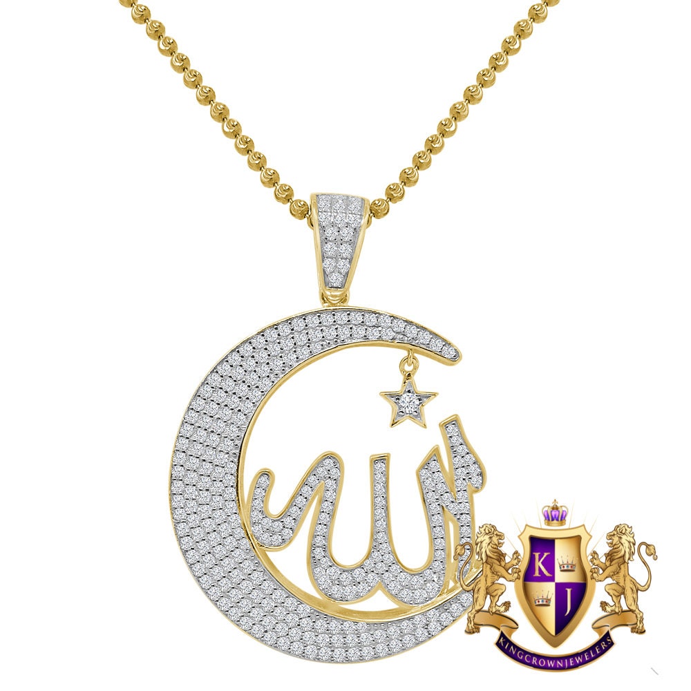 Real Sterling Silver Allah God Muslim Islamic Arabic Crescent Moon and Star Charm 2.00 Cwt. Simulated Diamond 14K Gold On Pendant Chain Set