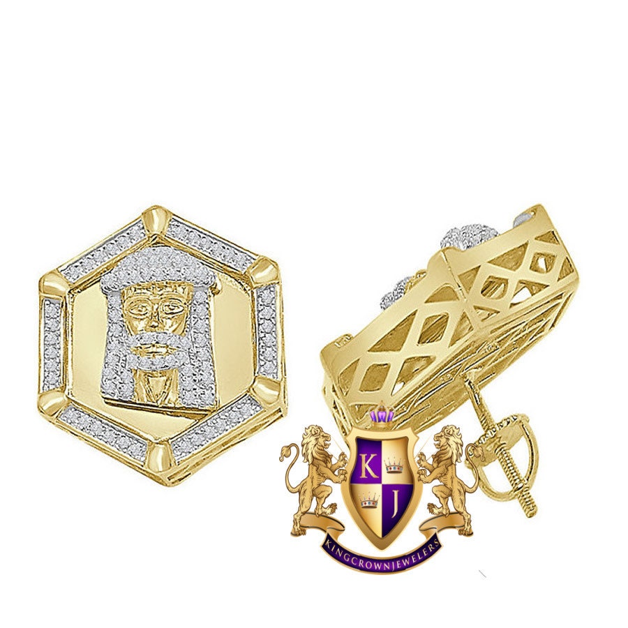 XL 20mm Real Sterling Silver 14K Gold Finish Simulated Diamond Jesus Face Screw Back Stud Earrings