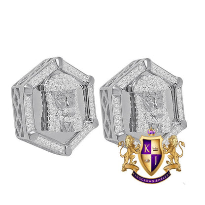 Real Sterling Silver 14K White Gold White Gold Finish Simulated Diamond Jesus Face 20 mm Screw Back Stud Earrings