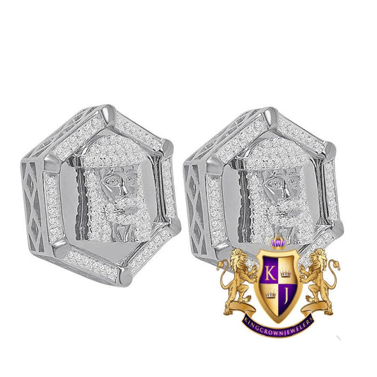 Real Sterling Silver 14K White Gold White Gold Finish Simulated Diamond Jesus Face 20 mm Screw Back Stud Earrings