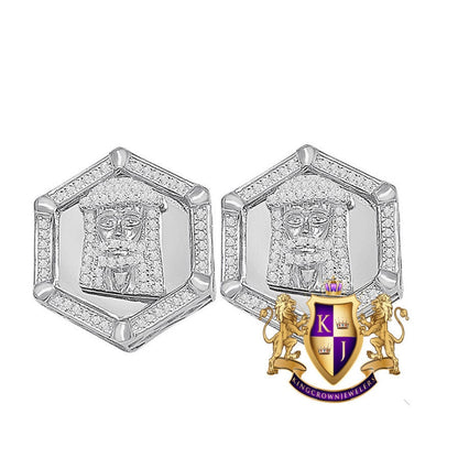 Real Sterling Silver 14K White Gold White Gold Finish Simulated Diamond Jesus Face 20 mm Screw Back Stud Earrings
