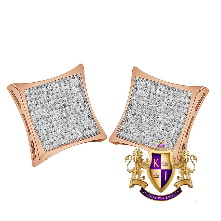 Genuine Italian Sterling Silver 14K Rose Gold Finish Simulated Diamond Square Kite Big 20 mm Screw Back Stud Earrings