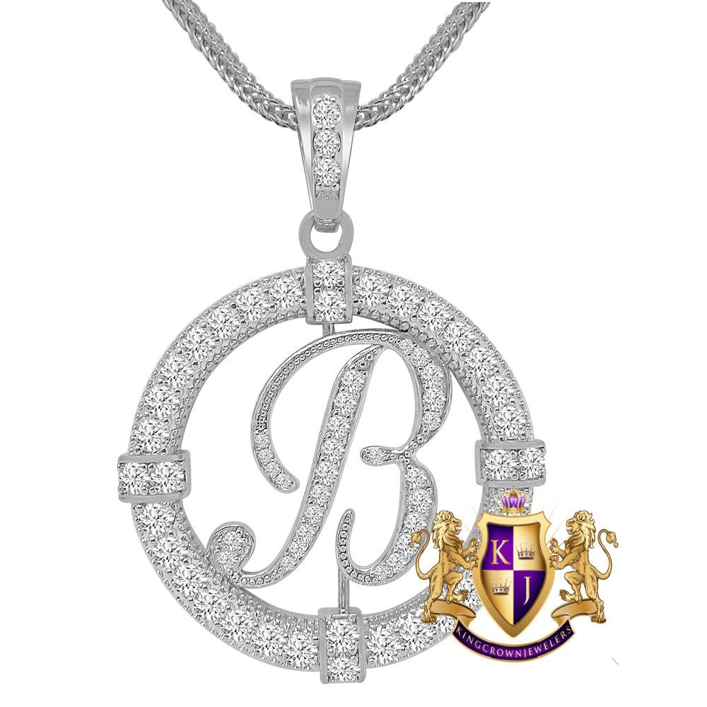Solitaire Men's Big 2.75'' 14k Gold Over Round Medallion Initial Letter Alphabet "B" Charm Pendent Chain Set 39 + Grams