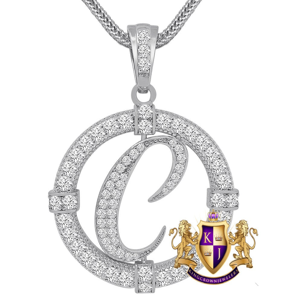 Solitaire Men's Big 2.75'' 14k Gold Over Round Medallion Initial Letter Alphabet "C" Charm Pendent Chain Set 39 + Grams