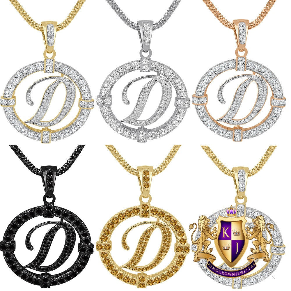 Solitaire Men's Big 2.75'' 14k Gold Over Round Medallion Initial Letter Alphabet "D" Charm Pendent Chain Set 39 + Grams