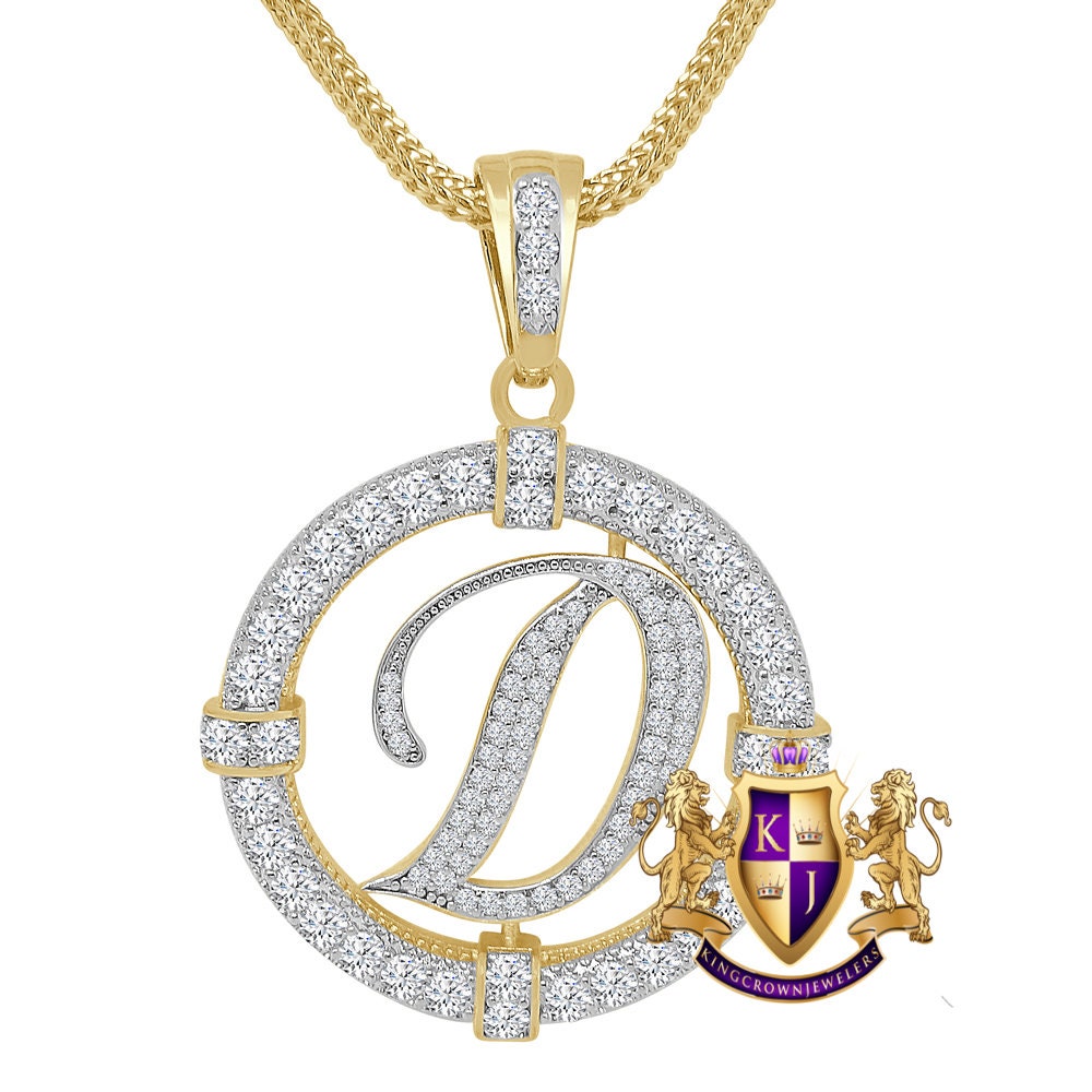 Solitaire Men's Big 2.75'' 14k Gold Over Round Medallion Initial Letter Alphabet "D" Charm Pendent Chain Set 39 + Grams
