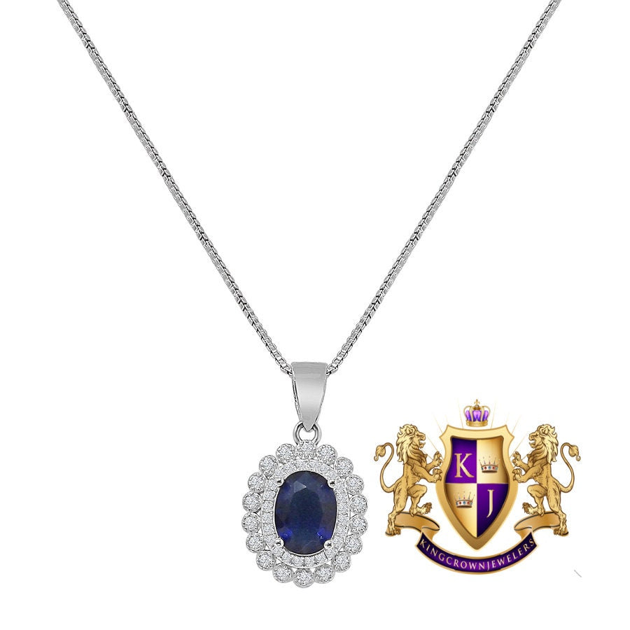 Ladies Sapphire Blue Real Sterling Silver 10K White Gold Over Pendent Charm Chain Neckless Earrings Ring 3 Piece Combo Set
