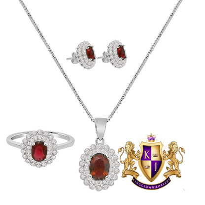 Ladies Ruby Red Real Sterling Silver 10K White Gold Over Pendent Charm Chain Neckless Earrings Ring 3 Piece Combo Set