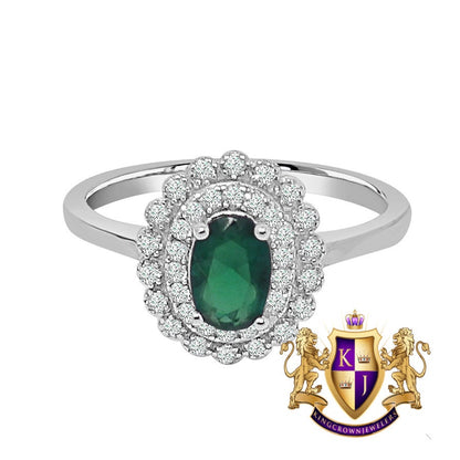 Ladies Green Emerald Real Sterling Silver 10K White Gold Over Pendent Charm Chain Neckless Earrings Ring 3 Piece Combo Set